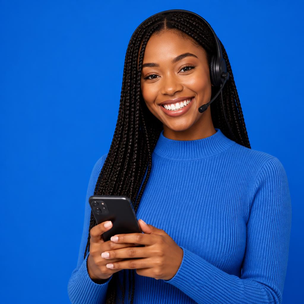 Atendente sorrindo com headset atendendo clientes pelo celular